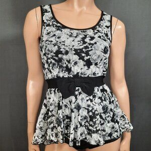 Y2K Lace Peplum Top With Bow Womens XS sleeveless Black White Floral Fairy Goth